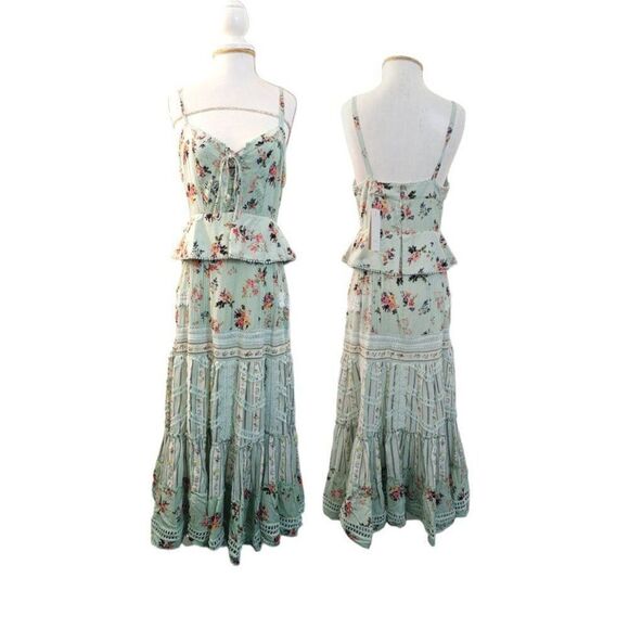 Hemant & Nandita Tiered Lace Mint Floral Boho Cottage Core Midi Dress Sz Small - Picture 5 of 10